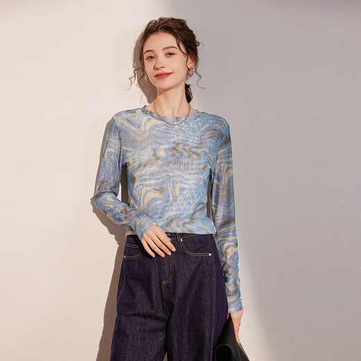Bailuyu Spring and Autumn Round Neck Printed T-shirt Temperament Slightly Elastic Slim Long Sleeve Bottoming Shirt Women Blue L