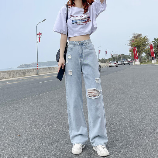 以纯YISHION网红破洞牛仔裤女2025春秋新款高腰显瘦垂感阔腿拖地裤ins潮夏装 浅蓝色现货【687款长裤】 XS
