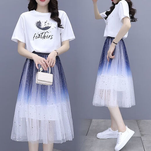 Danyuting women's clothing 2025 summer short-sleeved T-shirt Starry Sky Mesh Fairy Half-body Fashion Two-piece Set 9755# Pink M Suggestion-104Jin[Jin equals 0.5 kg]