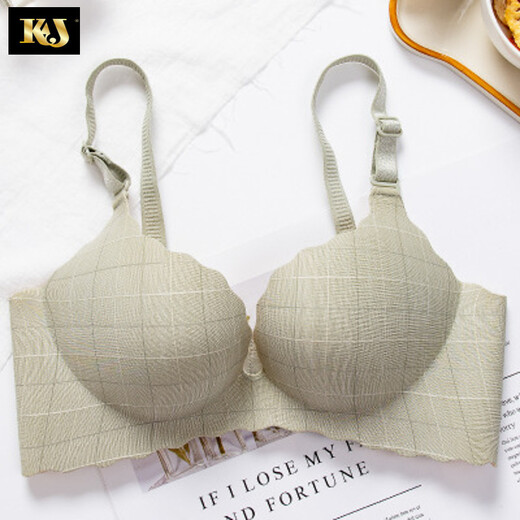 KJ one-piece underwear set women's bra push-up no rims thick and thin style sexy seamless girl push-up small breast bra small breast bra set green single piece 34/75C thin section
