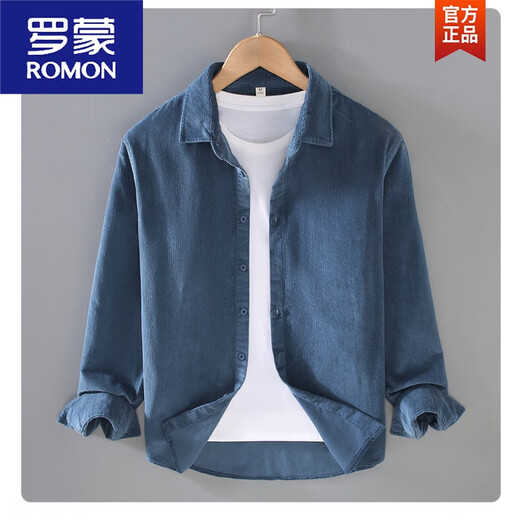 罗蒙（ROMON）春秋季灯芯绒衬衫男长袖宽松休闲日系复古棉质工装条绒衬衣外套 灰色 【9717】 M