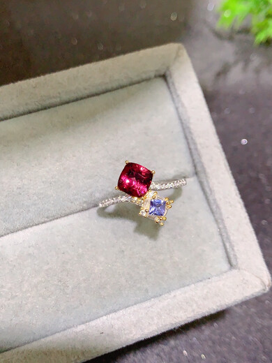 Shilian natural Alcoa garnet Tanzanite double stone ring s925 sterling silver square 6 square 3 empty support personalized simple fashion design