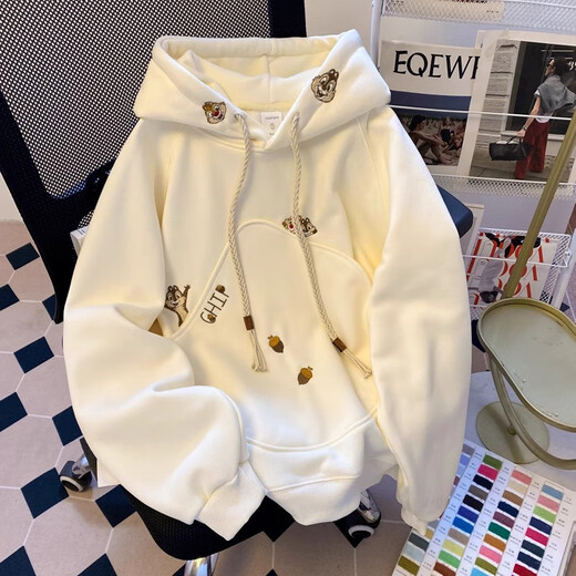LDBE design embroidered squirrel hooded sweatshirt for women 2025 new velvet thickening loose lazy style spring coat trend apricot autumn and winter velvet M 80-105Jin Jin is equal to 0.5 kg