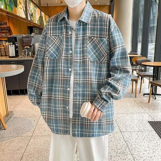 Camisa de manga larga americana para chicos primavera y verano camisa a cuadros suelta camisa a cuadros retro de moda versátil casual para hombres cryz687 azul l