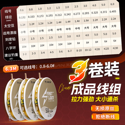 川泽无结快锁线组主线组进口鱼线套装成品尼龙6.3米2.0号【3卷装】