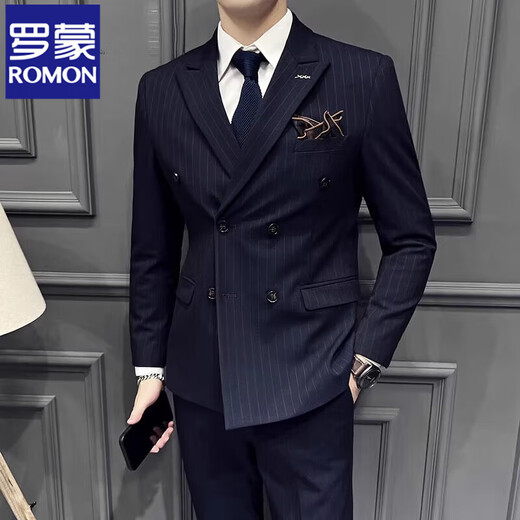 ROMON Blue Double-breasted Suit Jacket Men's Gentleman Business Casual Suit British Striped Wedding Groom's Dress Blue Two-piece Set Free Tie Tie Bra S 46