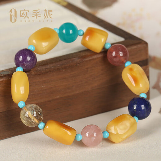 Ouchini Beeswax Bracelet Natural Amber Shaped Chicken Oil Yellow Hair Crystal Amazonite Strawberry Crystal Duobao Bracelet Women's Cloud