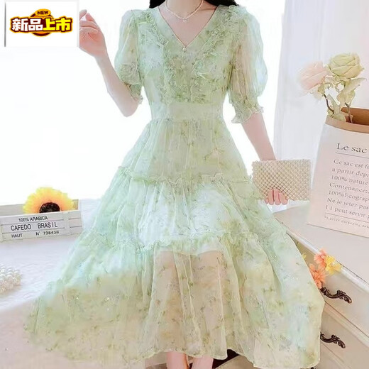Break de thé français du premier chemin en V Beau robe en mousseline de mousseline florale pour l'été féminin 2025 Nouveau tempérament à la taille de la taille de fée-jupe longue Blue 736 # [Version Robe] L [suggéré 105-120jin [Jin est égal à 0,5 kg]]]