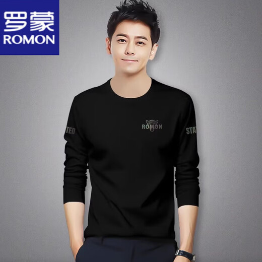 ROMON long-sleeved T-shirt men's spring and autumn new sweatshirt large size trendy slim printed round neck top T-shirt bottoming shirt long-sleeved RM1117 black M