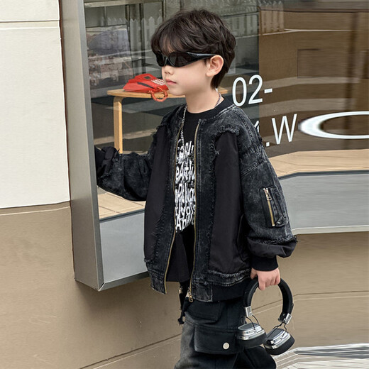 G.DUCKKIDS男童春秋款工装外套2025新款儿童痞帅运动连帽衫男孩时髦春季穿搭 HY2575款牛仔毛边拼接外套黑色 120 尺码5~6岁 【110-120cm】