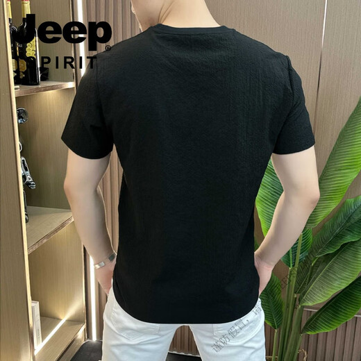 
JEEP SPIRIT designer summer ice silk texture embroidered round neck men's short sleeve fashionable half sleeve versatile light luxury comfortable style 1105 black 3XL 150-165Jin [Jin equals 0.5 kg]