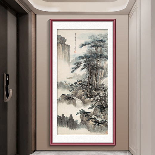 Manyu Qingsi ink painting landscape painting entrance door facing the door entrance decorative painting corridor aisle wall mural vertical hanging painting without punching GB116 Zheng Chang-Mangroves and Green Mountains 73*143cm red walnut wood grain aluminum frame + flash silver cloth