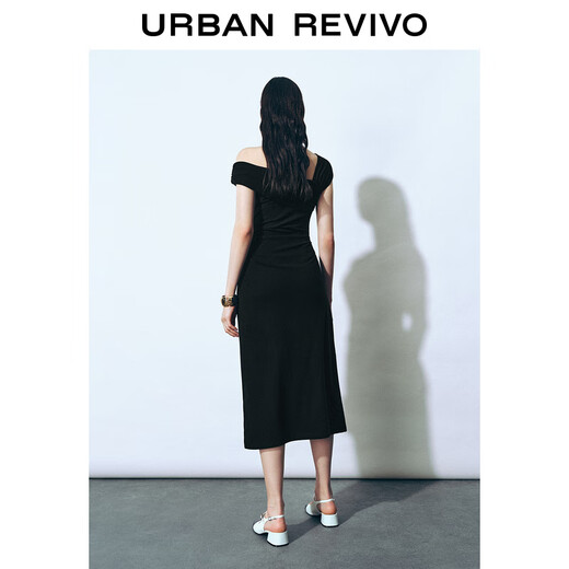 UR2025春季新款女装复古魅力露肩褶皱收腰连衣裙UWG750029