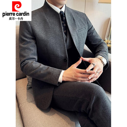 Pierre Cardin high-end stand-up collar tunic jacket for men 2025 spring and autumn new business casual style suit new Chinese suit black single-piece suit M 85-105Jin Jin is equal to about 0.5 kg