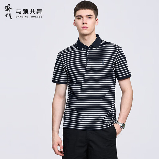 与狼共舞【含桑蚕丝】条纹翻领短袖T恤男2025夏季新款休闲透气Polo衫6196 深蓝102 S (165)