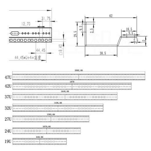 Server cabinet column, beam, square hole strip, U beam, flower beam Specifications, fully customizable cabinet accessories, installation vertical beam, 47U (thickness 2.0mm, length 2095mm) 1 piece 1x1x1cm