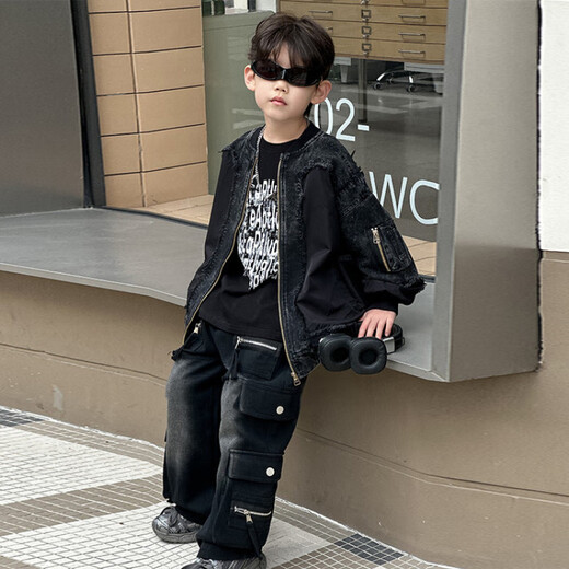 G.DUCKKIDS男童春秋款工装外套2025新款儿童痞帅运动连帽衫男孩时髦春季穿搭 HY2575款牛仔毛边拼接外套黑色 120 尺码5~6岁 【110-120cm】