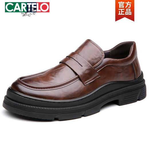 卡帝乐鳄鱼（CARTELO）无鞋带棕色男鞋春秋季款2025新款大头商务休闲皮鞋宗综色宽头乐福 GX9923 棕色 38