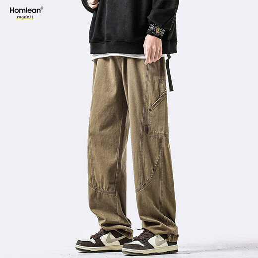 Homlean美式纯棉休闲裤男春夏小众潮牌复古宽松工装长裤子HS60卡其色2XL