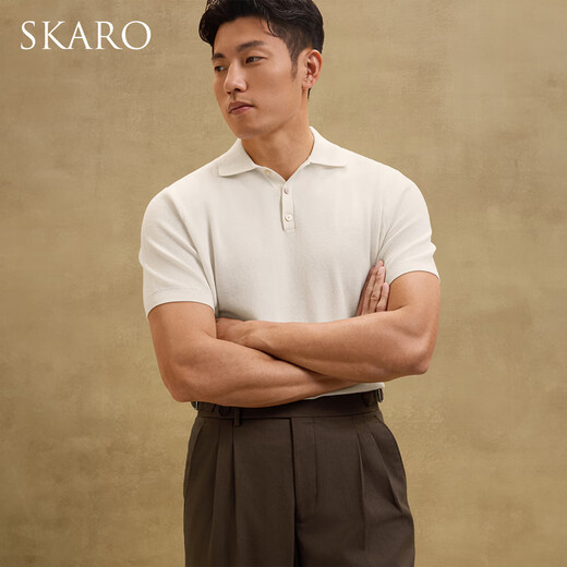 
SKARO [soft and elastic] white knitted short-sleeved POLO shirt men's 2025 summer business casual lapel T-shirt off-white SKP831 L (=shirt size 41)