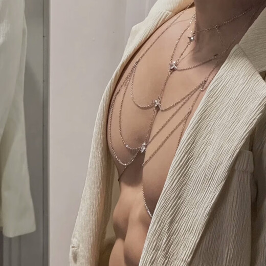 BJYL Boys' Chest Chain Pure Desire Necklace Men's and Women's Trendy Muscular Men's Accessories Pure Desire Big Breast Sexy Body Chain Men's Handsome Fashionable Men's Body Chain Silver