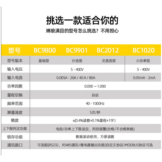 定制智能电参数测量仪99019800交直流数字功率测试仪表计量高精度 BC9901报警型20A