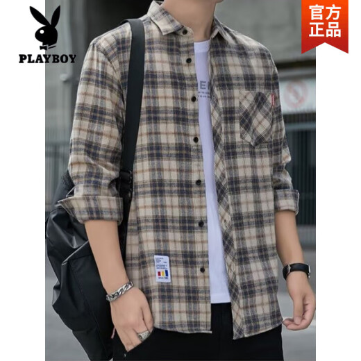 花花公子（PLAYBOY）格子休闲衬衫男士春秋季长袖衬衣韩式上衣服复古宽松夏季薄款外套 K12108灰色高质量 2XL 145-160斤