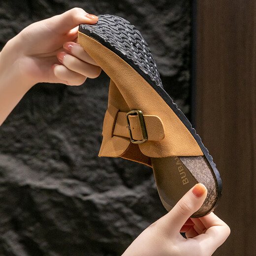 她享包头勃肯鞋女仿真皮外穿百搭女半拖一脚蹬 TQ671 杏色 40/41