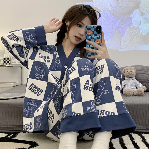 睡衣女款春秋季纯棉长袖和服学生大码套装夏天冬开衫家居 ZW1289 L (建议95115斤)