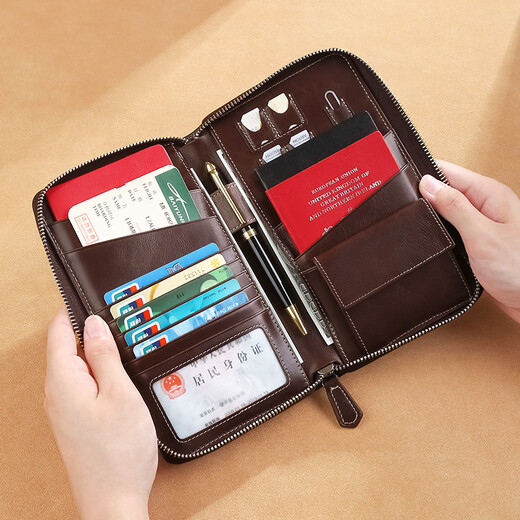 Bolsa para pasaporte de viaje, almacenamiento multifuncional para pasaporte, bolsa para boletos de embarque, tarjeta de embarque personalizada, viene con un cepillo antirrobo de color marrón oscuro que se rompe en un año