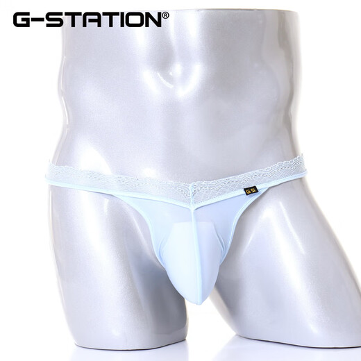 G-STATION Japanese series men's thong high elastic silky milk silk sexy lace pure desire low waist ultra-thin underwear blue 1 pair M (Japanese size is too small)