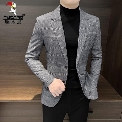 Woodpecker (TUCANO) Casual Small Suit Jacket Men's Spring and Autumn 2025 New Tops Handsome Houndstooth Suit Men's Khaki XL Recommended 140Jin Jin is equal to within 0.5 kg