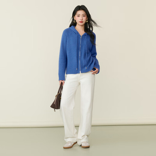 Basic House/Baijiahao hooded double zipper sweater spring style solid color loose raglan cardigan jacket blue M