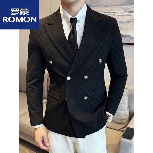 罗蒙（ROMON）双排扣格子西装外套男2025新款潮流时尚商务休闲百搭潮流修身西服 浅灰色 M (95-110斤)
