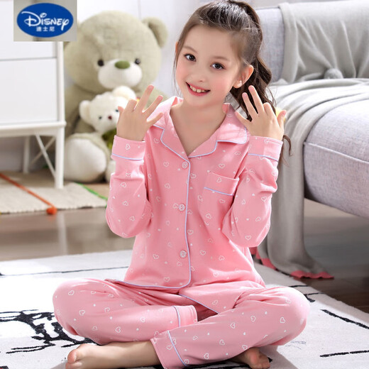 迪士尼（Disney）女童睡衣春秋长袖套装儿童纯棉家居服秋天女孩宝宝中大童卡通全棉 K11164爱心熊 170 8码【身高90-100cm】