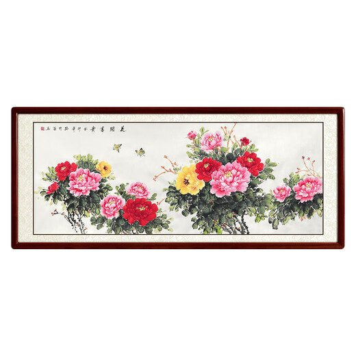 Shangdetang hand-painted Chinese painting peony blooming rich living room background wall decoration painting new Chinese style hanging painting ink painting Sapele solid wood frame-right angle walnut color mounting 125*65cm