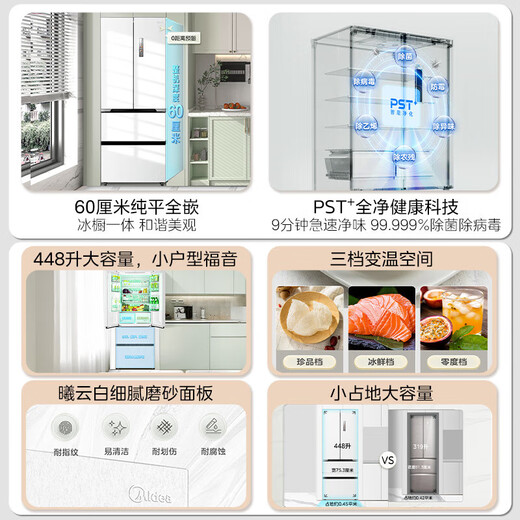 
Midea [National Subsidy 20%] M60 Series 470 French Four-Door Refrigerator 60cm Plain Fully Embedded PST + Dual Purification Large Capacity Air-cooled Frost-Frost-Double-Cycled Dual-Circulation Intelligent Control [753 Wide] 448L PST + Ultra Clean Technology - Xiyunbai