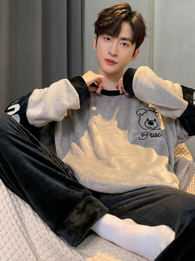 
Pajamas men's autumn and winter flannel thickened warm round neck cartoon students among young people loose men's home clothes WYEX3890 3XL (recommended 155-175Jin [Jin equals 0.5 kg]) All size