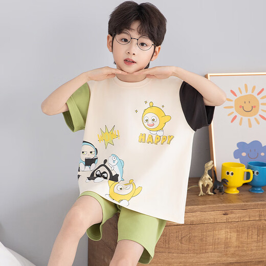 浪莎儿童睡衣男小童夏季短袖薄款纯棉家居服男孩中大童夏天学生套装 LT692 160 建议150-160CM/80-95斤
