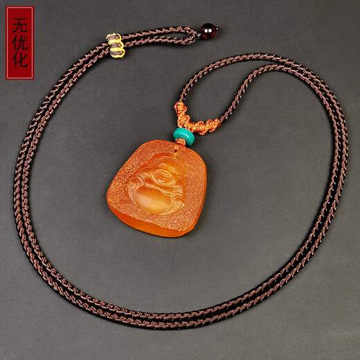 Amber School, one thing, one picture, one certificate, beeswax pendant, natural amber Maitreya Buddha statue pendant necklace, leather pendant, 3.99g, 30*30*6mm