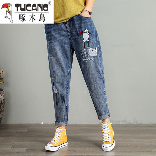 
Woodpecker embroidered high-waisted nine-point jeans for women loose and slim 2025 summer new large-size fat beauty embroidered harem pants A6169# blue S 80-95Jin [Jin equals 0.5 kg]