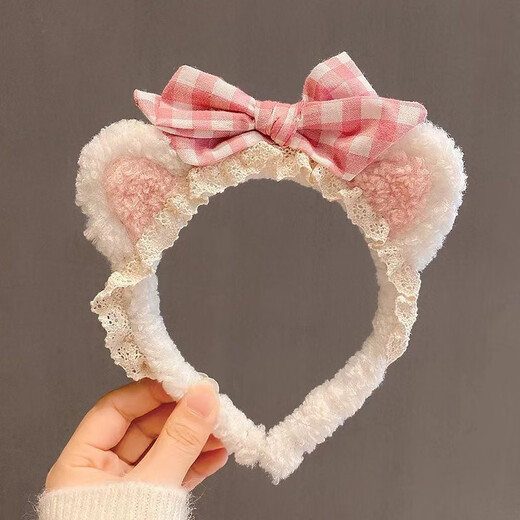 Bai Qixin Headband Sweet and Cute Little Panda Ears Headband Bow Lace Headband Cartoon Face Wash Hair Accessory Bow Bear Headband White