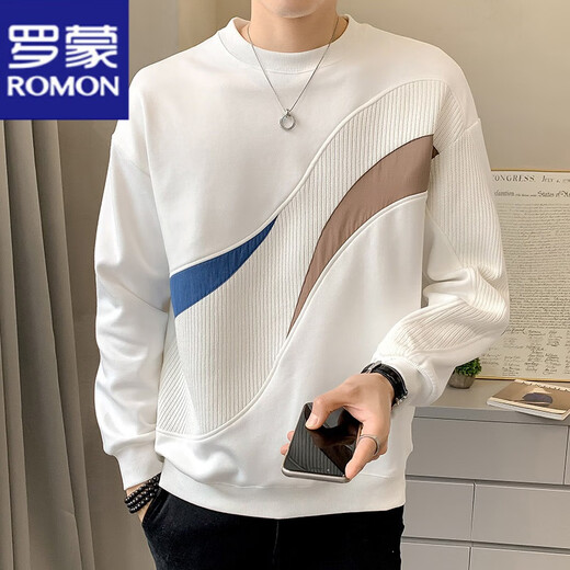 罗蒙（ROMON）长袖t恤男春秋冬季新款卫衣加绒保暖休闲宽松百搭套头圆领打底衫 7371白色 M 【90-110斤】