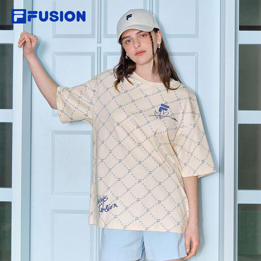 FILAFUSION斐乐潮牌男装情侣款针织短袖衫2025春新款休闲宽松纯棉T恤 麦乳色-BG L (175) 96A