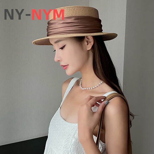 NY-NYM设计师法式绸缎气质礼帽女褶皱织带草帽夏季防晒遮阳帽度假太阳帽 米色-杏色带 M(56-58cm)