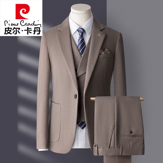 Pierre Cardin high-end suit suit men's business casual formal dress groom wedding dress thickened slim small suit jacket knitted khaki (suit + trousers) shirt tie 3XL