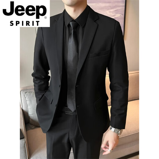 JEEP SPIRIT Suit Jacket Men's Slim Suit Casual Business Professional Formal Wear Handsome Groomsman Suit Two-piece Black Suit S