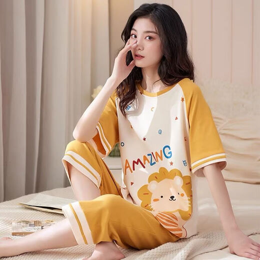 Gebratener Sommerpolyester-Baumwollpyjamas für Frauen im Sommer kurzärmeligte Hosen, die losen Frühlings- und Sommer-Kurzärärmelen-Hosen 684 2xl Set 125-135jin [Jin gleich 0,5 kg] zu tragen haben
