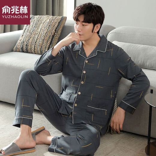 Yu Zhaolin Pure Cotton Pyjamas Herren Spring- und Herbst-Langarmanzug mit großer Größe für Männer mittleren Alters und ältere Männer können außerhalb MZ3527 L [110-140jin [Jin gleich 0,5 kg] tragen]]