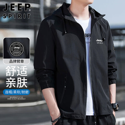 JEEP SPIRIT Jeep Jacket Men's Hooded Autumn and Winter Jacket Men's Casual Men's Tops Black 2XL